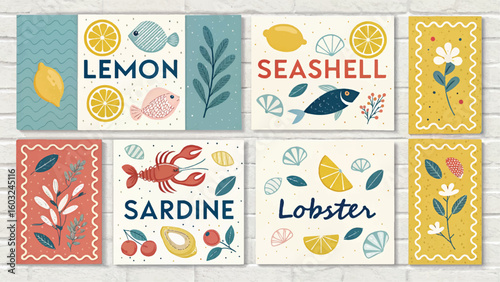 Colorful flat lay of seafood-themed illustrations with fish, crab, lemons, and ocean elements. Playful and artistic design perfect for culinary, marine, or children's content.