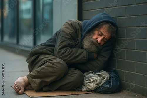 un hombre indigente durmiendo en la calle. Está descalzo, con una gran barba descuidada, y viste ropa sucia y desgastada.