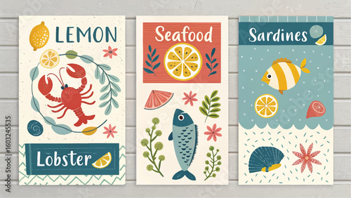 Colorful flat lay of seafood-themed illustrations with fish, crab, lemons, and ocean elements. Playful and artistic design perfect for culinary, marine, or children's content.