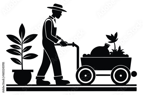Black Silhouette of Farmer with Wagon, Potted Plant, Agriculture Vector Graphic
