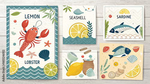 Colorful flat lay of seafood-themed illustrations with fish, crab, lemons, and ocean elements. Playful and artistic design perfect for culinary, marine, or children's content.