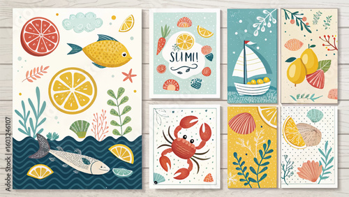 Colorful flat lay of seafood-themed illustrations with fish, crab, lemons, and ocean elements. Playful and artistic design perfect for culinary, marine, or children's content.