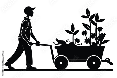 Silhouette of a Gardener Pulling a Cart Filled with Plants and Soil Illustration