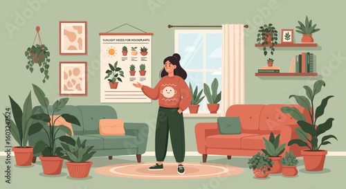 Indoor Gardening Enjoying Home Decorating with Woman and Houseplants