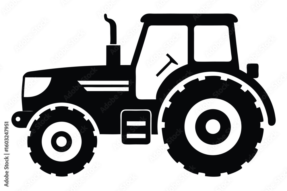 Obraz premium Black Silhouette of a Tractor with Cabin, Large Wheels and Exhaust Pipe