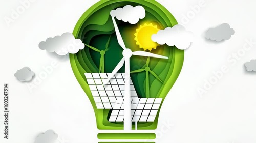 Paper art of light bulb with wind turbines and solar panels, representing green energy and sustainability