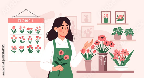 Happy Florist Arranging Fresh Cut Flowers At Her Shop