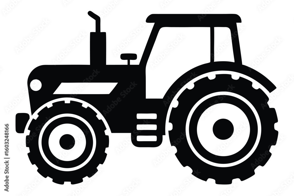 Obraz premium Black Silhouette of a Farm Tractor with Large Wheels and Cab Design