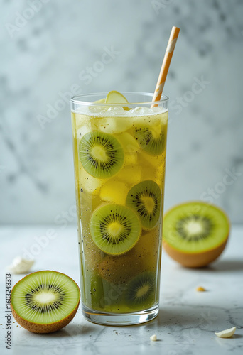 Realistic image of kiwi juice in a glass with sliced green kiwis. Perfect for menus, blogs, and healthy lifestyle food visuals