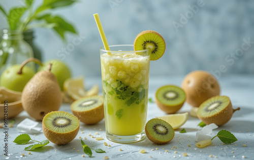 Realistic image of kiwi juice in a glass with sliced green kiwis. Perfect for menus, blogs, and healthy lifestyle food visuals
