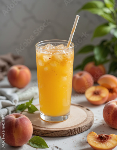 Realistic image of peach juice in a glass with sliced peaches. Ideal for menus, food blogs, and fresh, healthy beverage visuals