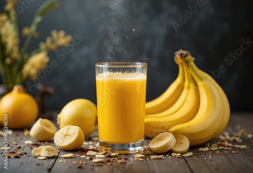 Realistic image of banana juice in a glass with fresh yellow bananas. Perfect for menus, food blogs, and healthy lifestyle visuals