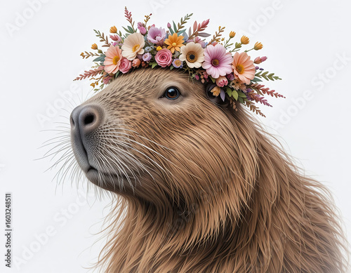 Cute capybara wearing a wildflower wreath on white background. Charming animal illustration perfect for nature, kids, and creative designs