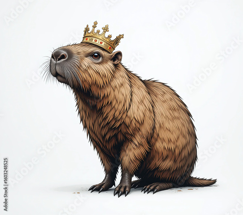 Cute capybara wearing a crown on white background. Royal animal illustration ideal for logos, design, and creative projects