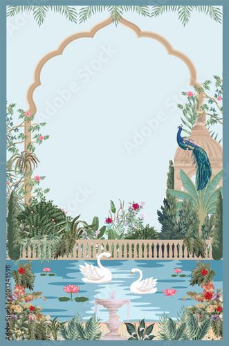 A serene Mughal invitation design an ornate arch, lush garden, elegant peacock, blooming florals, and two graceful swans gliding in a lotus-filled pool.