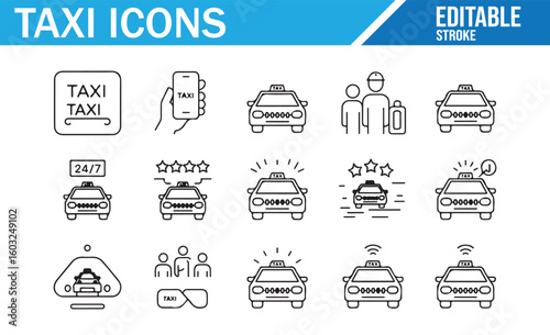 Taxi app vector icons including vehicle hire, passenger rating, and booking features