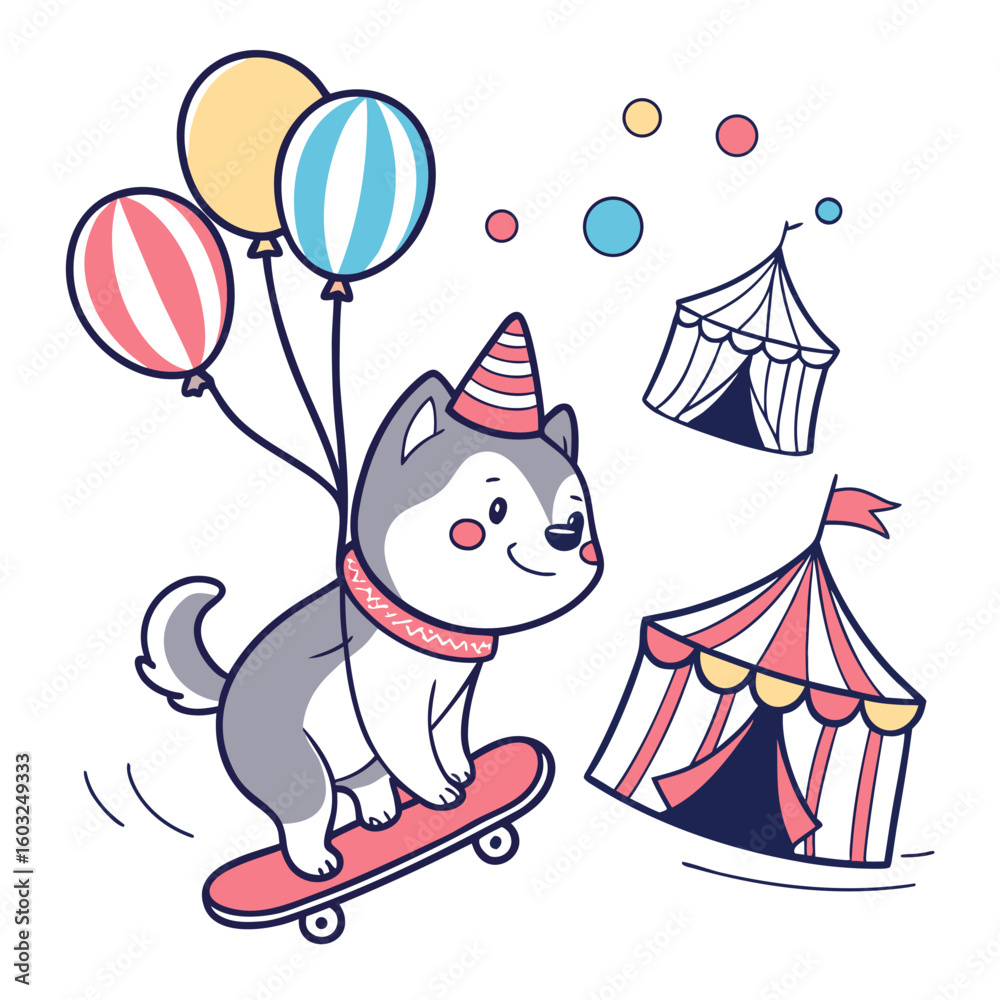Obraz premium Big Top Brights colored Husky with a Peaceful touch, placed in a Circus Carnival theme and styled with riding a skateboard