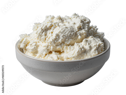 Fresh ricotta cheese in ceramic bowl isolated
