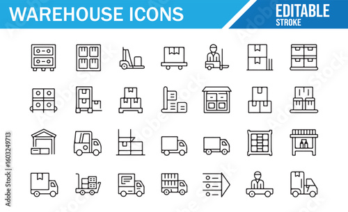 Set of logistics icons featuring forklifts, trucks, and storage solutions for industry use