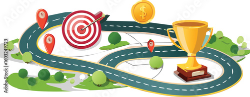 Winding Roadmap with Icons Representing Business Goals and Achievements