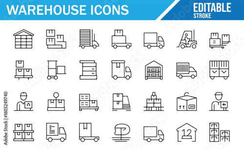 Collection of warehouse and logistics vector icons for supply chain operations
