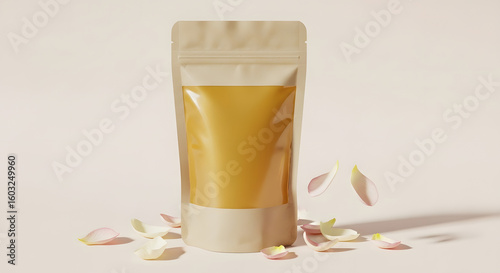 Mockup of a stand-up pouch with a clear window showing a golden liquid, possibly a whisked honey or cosmetic, with scattered flower petals.