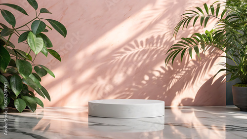 Minimalist white pedestal with tropical plant shadows on pink wall