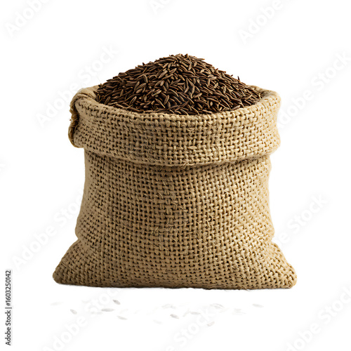 Fototapeta Naklejka Na Ścianę i Meble -  Cumin seeds in burlap bag isolated on black background spice ingredient