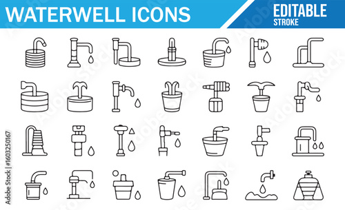 Vector collection of water well and pump icons for sustainability and water management