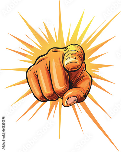 Gloved Hand Pointing Forward with Comic-Style Pop Explosion Effect