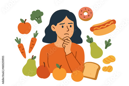Vector illustration depicting a woman deciding between organic and junk food, symbolizing the choice between a healthy and unhealthy diet, lifestyle, and eating habits