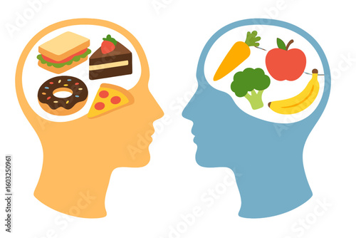 Illustration of unhealthy versus healthy eating habits and the impact on the brain in modern times