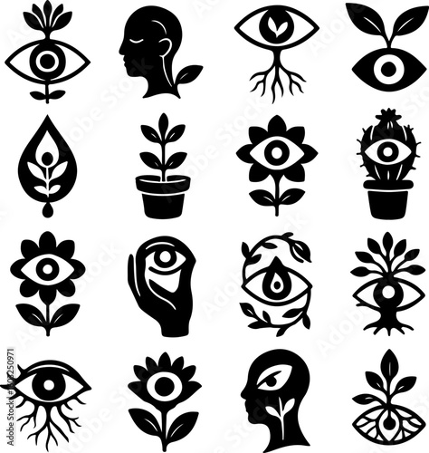 Black and white floral icons set with vintage vector patterns and decorative plant silhouettes