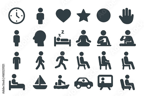 Vector icons for web design representing spiritual practices are isolated on a white background in an outline set