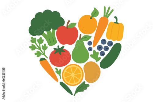 A vibrant illustration of a heart composed of various wholesome foods, including vegetables, fruits, dairy products, and meats, presented in a flat lay style with isolated icons on a white