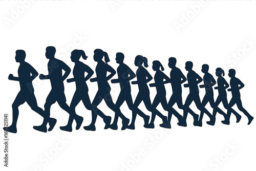 Vector graphic illustration of marathon runners and a crowd of people running, created with a grunge brush on a moonlight background