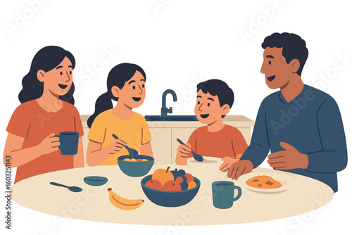 Vector flat illustration of a happy family having breakfast together in a modern and bright kitchen, featuring parents spending quality time with their child while talking, laughing, and enjoying a