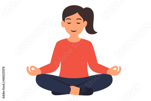 A young woman sits cross-legged on the floor, meditating with her eyes closed, practicing morning yoga or breathing exercises at home, representing body positivity and healthcare, in a vector