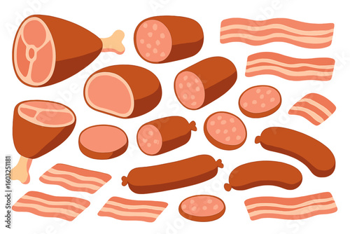 Isometric vector illustration in flat design of a meat and ham set at a butcher shop