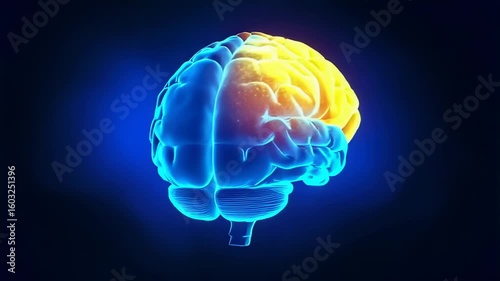 3D rendering of a human brain with highlighted areas, glowing in blue and yellow on a dark background, showcasing medical visualization.