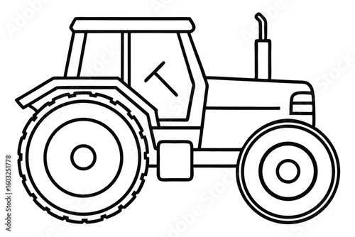Outline Illustration of a Modern Farm Tractor with Cab and Large Wheels