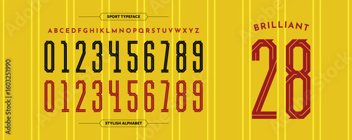 Brilliant 28: a stylish varsity jersey font with modern elegance. Features condensed yellow numbers and uppercase letters, ideal for athletic branding and dynamic sports layouts
