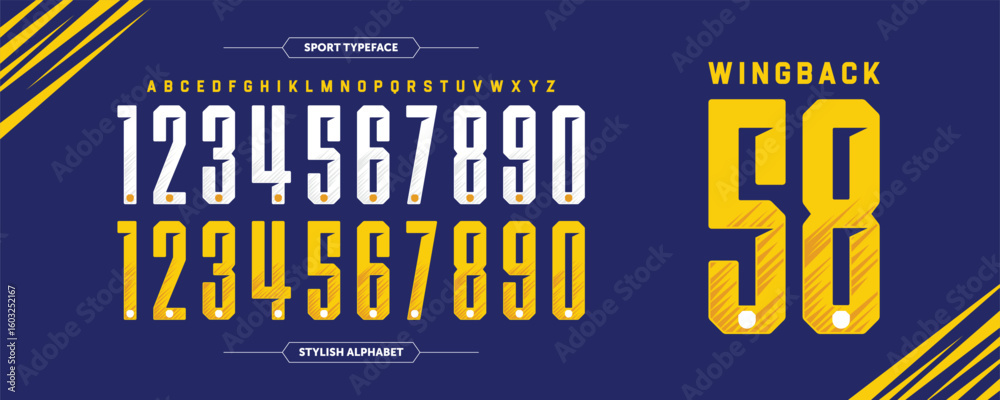 Wing Back 58: a bold retro jersey number font with a vintage aesthetic. Features classic mono-color design for numbers and letters. Ideal for sports branding and team uniforms.