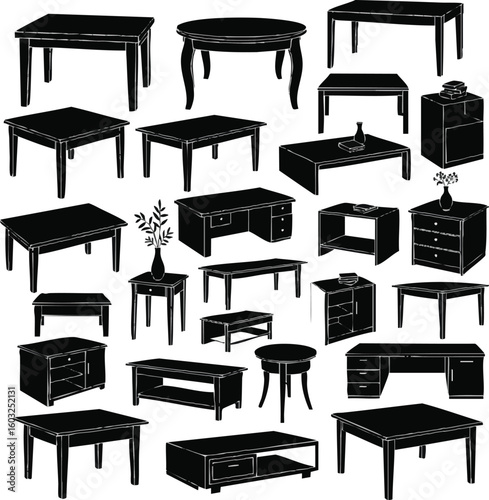 Create a kinds of deferent table vector art silhouette with white background.