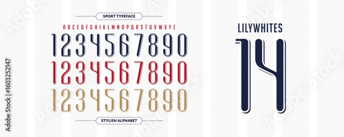Lilywhite 14: a sleek jersey typeface with white-striped accents. Features condensed, rounded numbers and alphabet. Perfect for confident, sporty, and personalized design work
