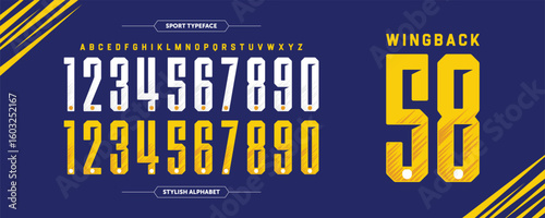 Wing Back 58: a bold retro jersey number font with a vintage aesthetic. Features classic mono-color design for numbers and letters. Ideal for sports branding and team uniforms.