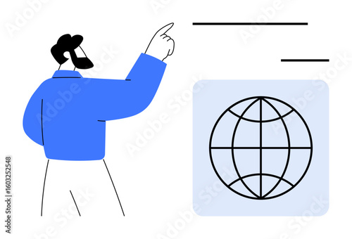 Person gesturing toward a globe symbol alongside horizontal lines, suggesting explanation or presentation. Ideal for communication, education, teamwork, worldwide business, training, connectivity