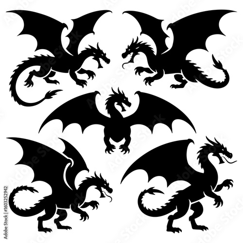 Legendary Dragon Silhouette Set – Fantasy Vector Icons on White Background