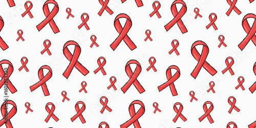 Seamless vector pattern of red awareness ribbons in hand-drawn doodle style. Perfect for HIV/AIDS campaigns, charity designs, medical posters, wrapping paper, and textile print.