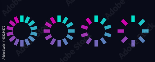 Set of various vibrant gradient ring loading in neon colors. Circle Load icons. Download process. Perfect for web interface, mobile app, UI design, infographic visual, 